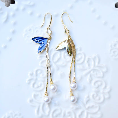 Blue Fish Tail Tassel Earrings - Dripping Oil