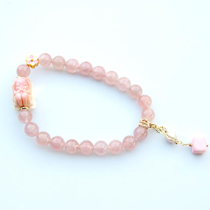 Flower Fairy Charm Bracelet  - Conch Shell Rose Quartz Beads