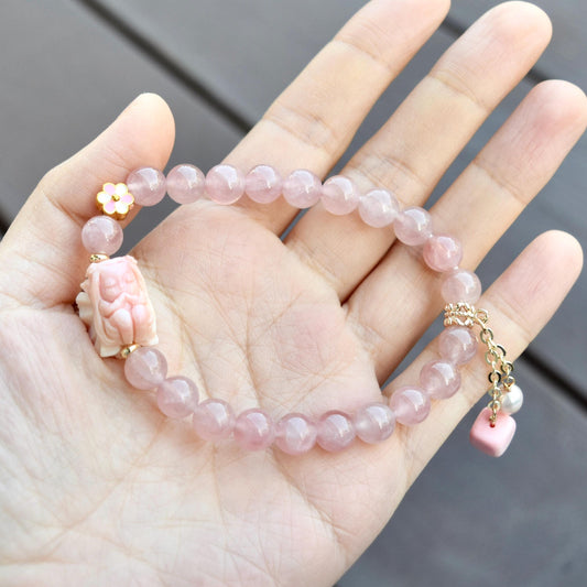 Flower Fairy Charm Bracelet  - Conch Shell Rose Quartz Beads