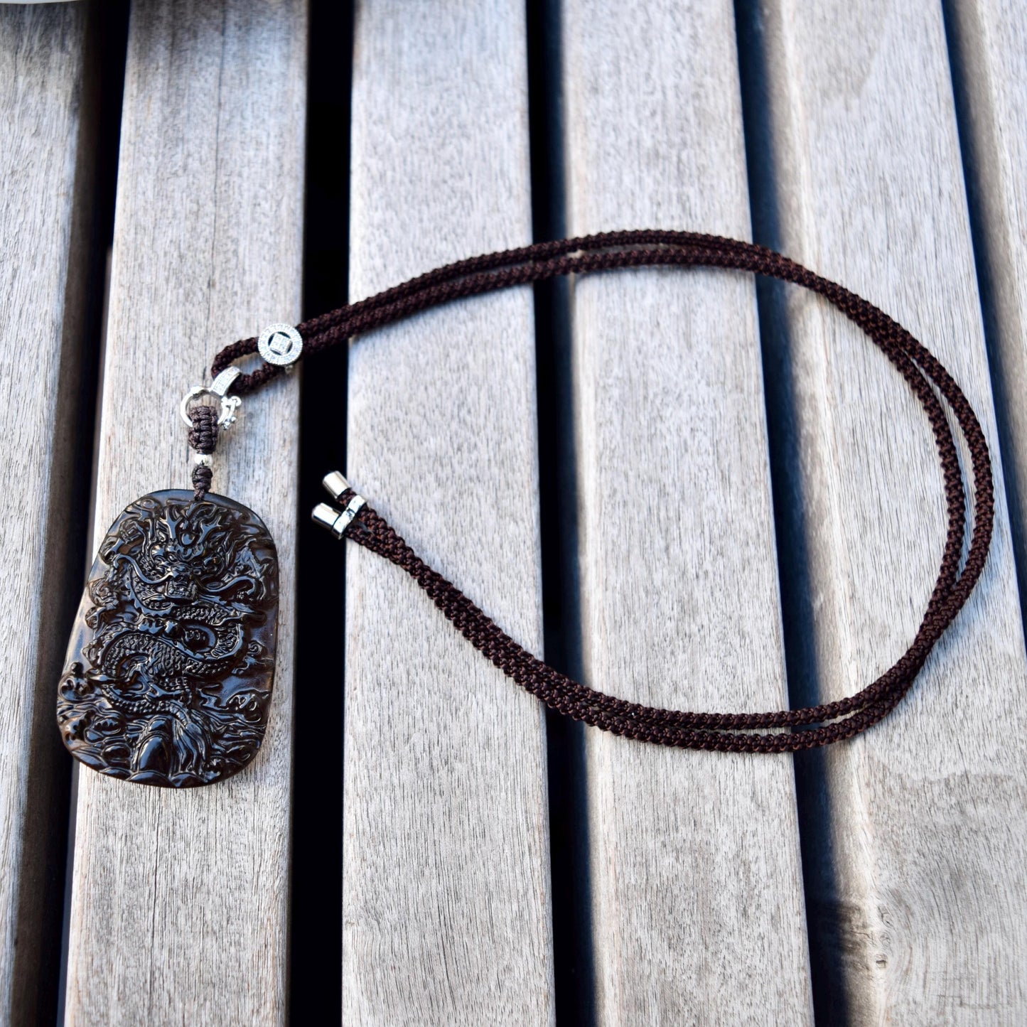 Icy Black Obsidian Dragon Pendant Necklace