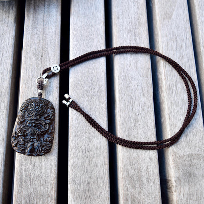 Icy Black Obsidian Dragon Pendant Necklace