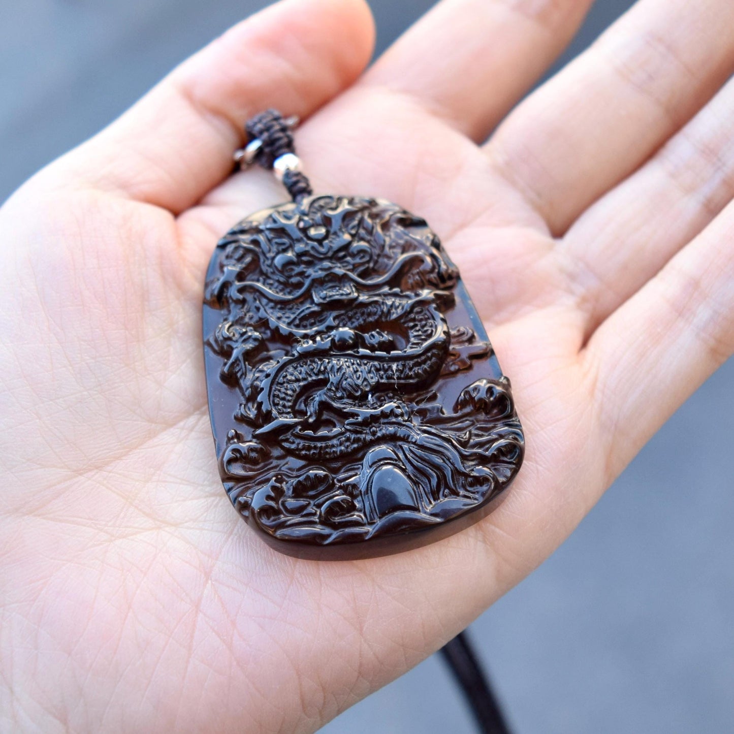 Icy Black Obsidian Dragon Pendant Necklace