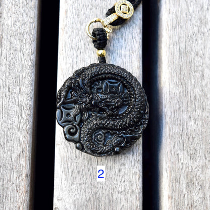 Black Obsidian Dragon Circle Pendant Necklace