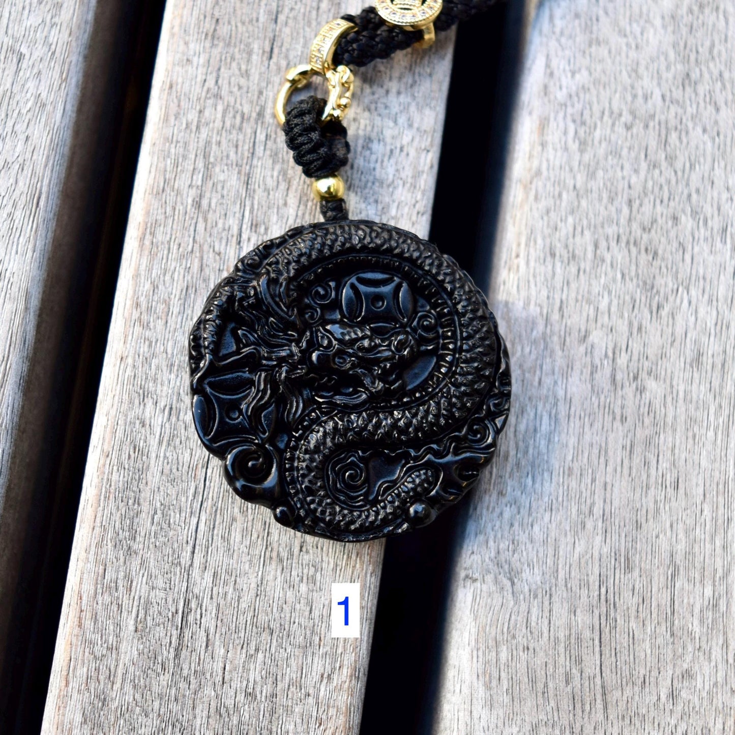 Black Obsidian Dragon Circle Pendant Necklace