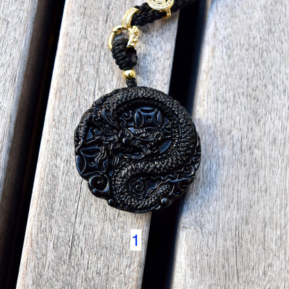 Black Obsidian Dragon Circle Pendant Necklace