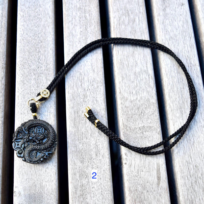 Black Obsidian Dragon Circle Pendant Necklace