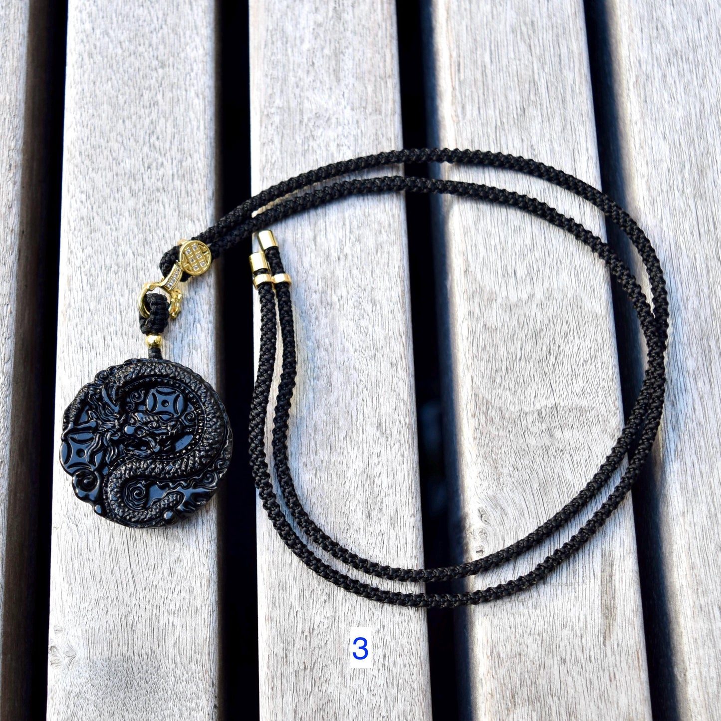 Black Obsidian Dragon Circle Pendant Necklace