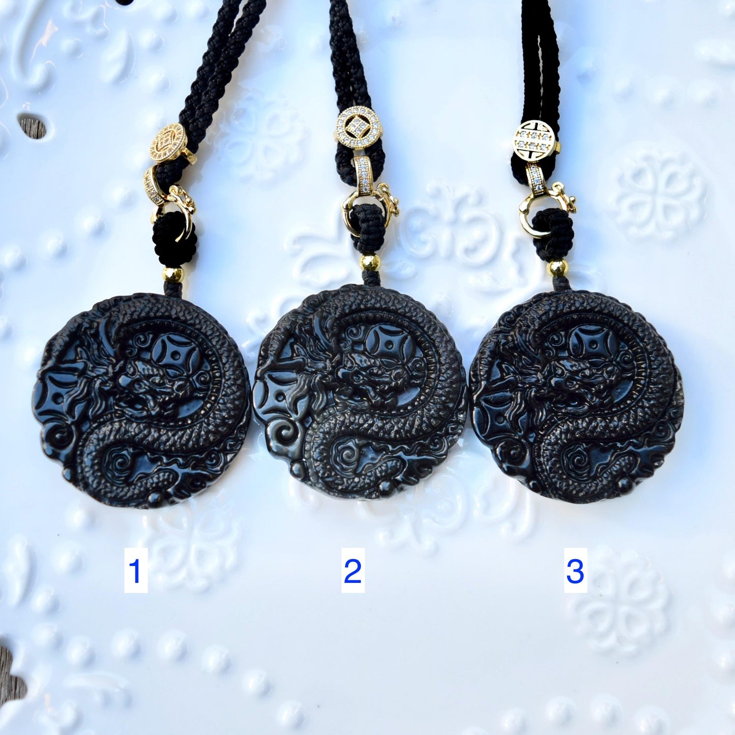 Black Obsidian Dragon Circle Pendant Necklace