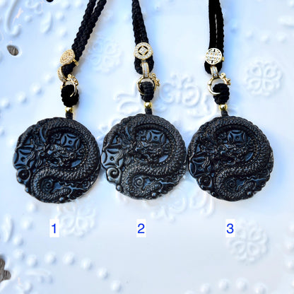 Black Obsidian Dragon Circle Pendant Necklace
