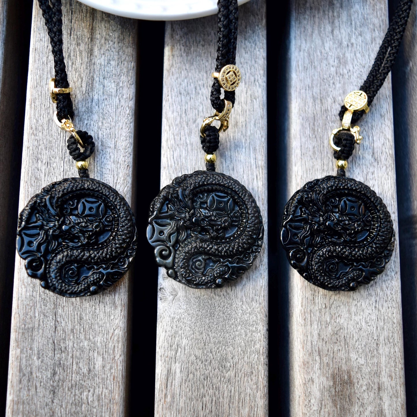 Black Obsidian Dragon Circle Pendant Necklace