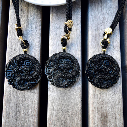 Black Obsidian Dragon Circle Pendant Necklace