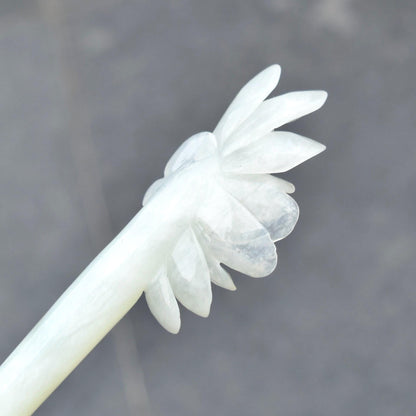 White Peony Carved Hairpin - Serpentine Jade Hair Stick