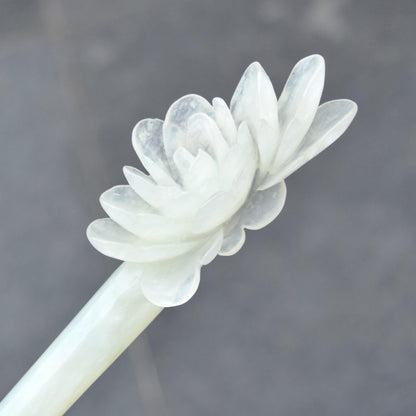White Peony Carved Hairpin - Serpentine Jade Hair Stick