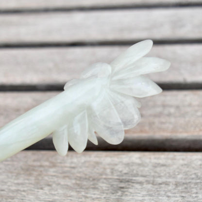 White Peony Carved Hairpin - Serpentine Jade Hair Stick