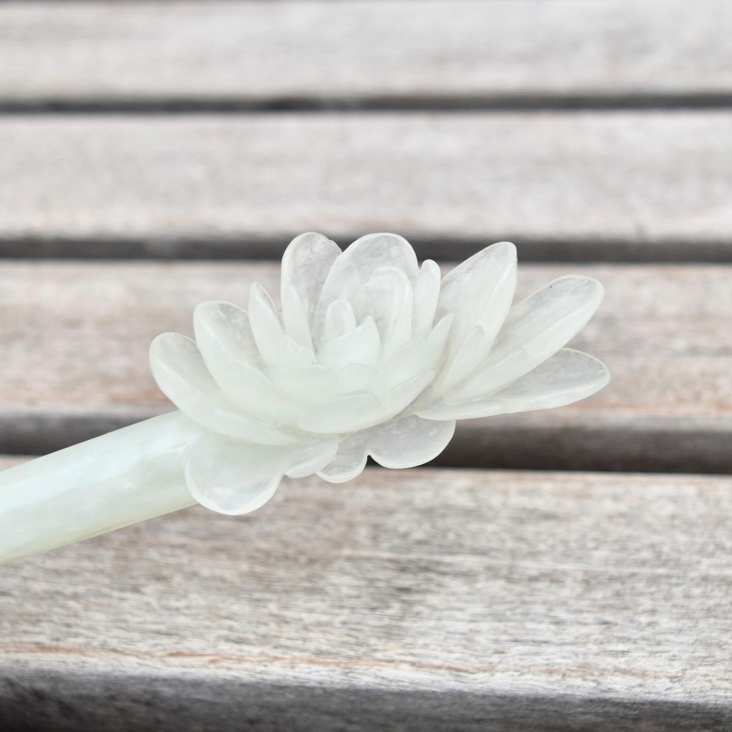 White Peony Carved Hairpin - Serpentine Jade Hair Stick