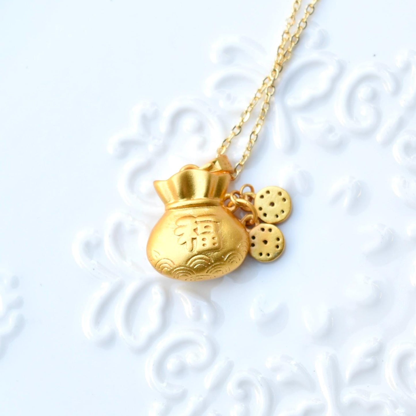 Chinese Fortune Bag Apple Charm Necklace - Stainless Steel Necklace