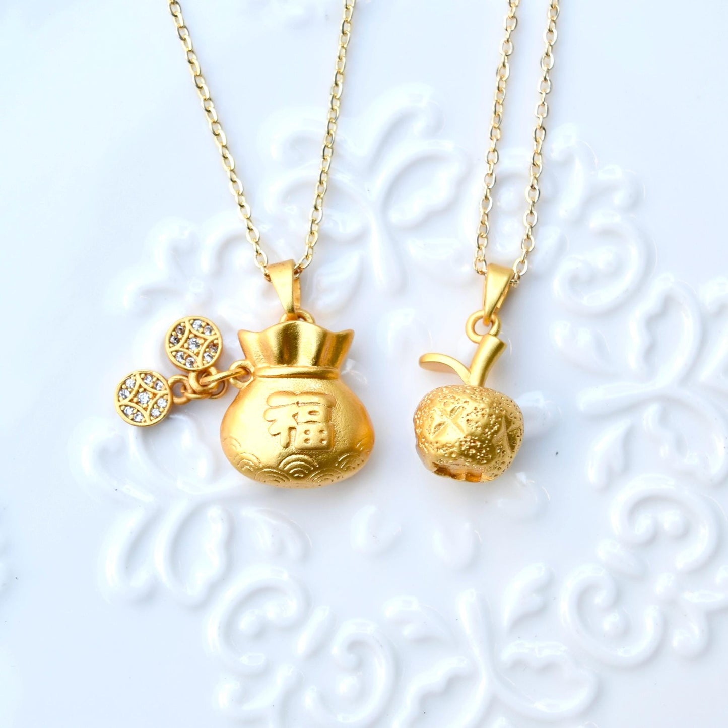 Chinese Fortune Bag Apple Charm Necklace - Stainless Steel Necklace