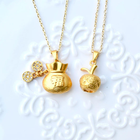 Chinese Fortune Bag Apple Charm Necklace - Stainless Steel Necklace