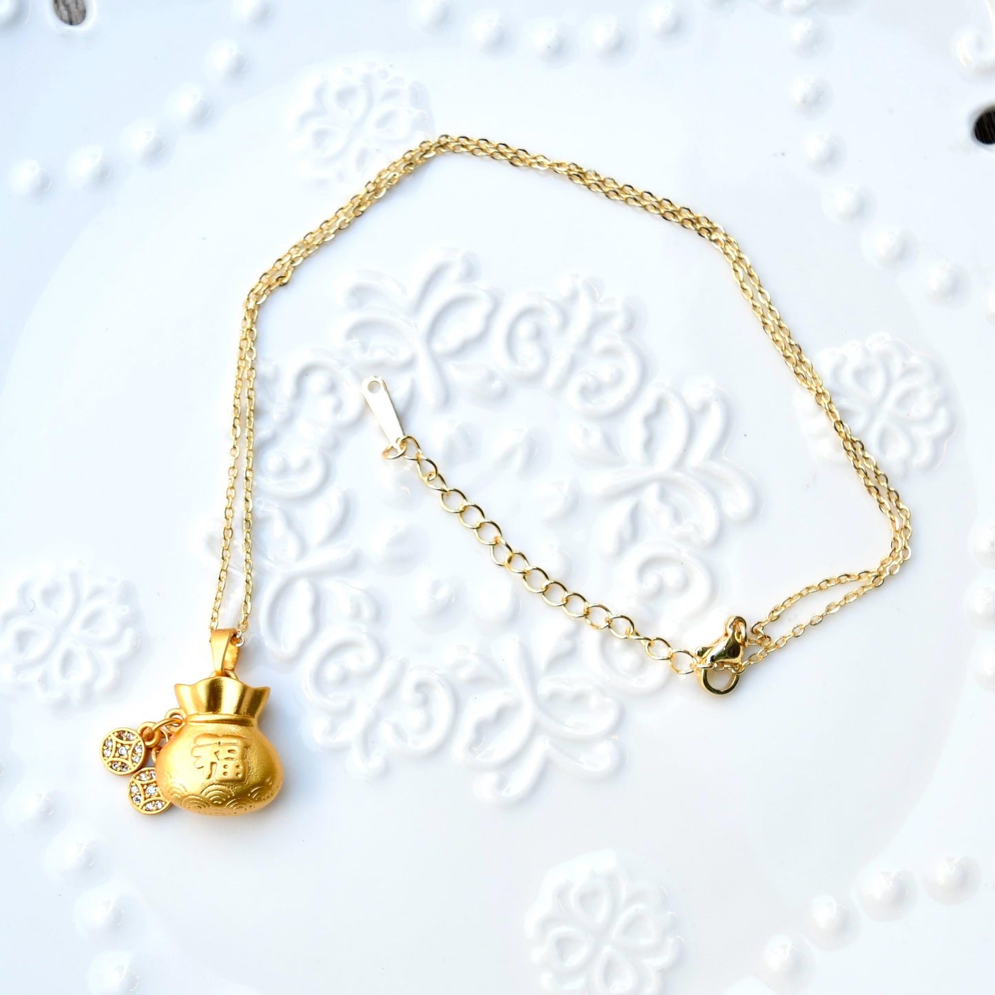 Chinese Fortune Bag Apple Charm Necklace - Stainless Steel Necklace