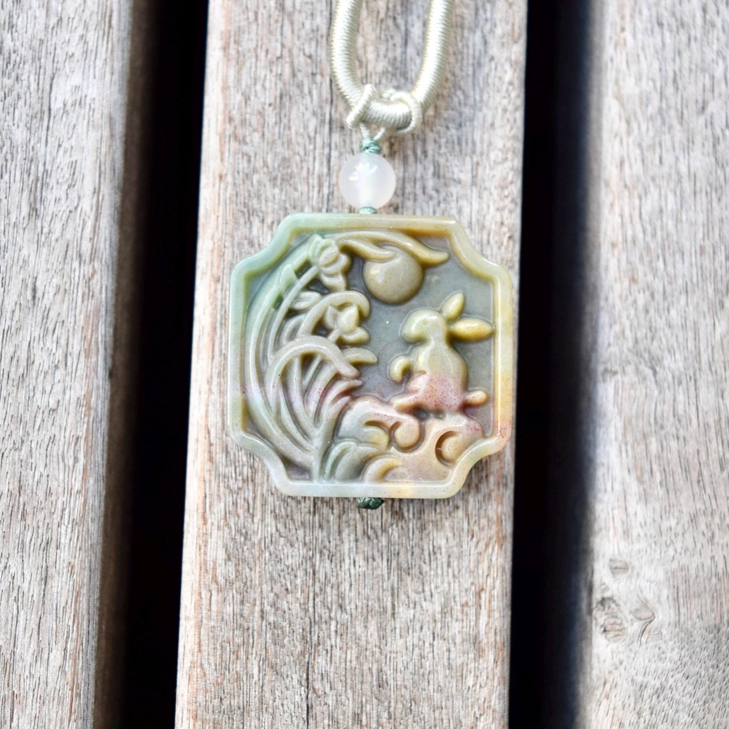 Rabbit Moon Pendant Rope Necklace - Ocean Jasper