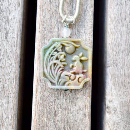 Rabbit Moon Pendant Rope Necklace - Ocean Jasper