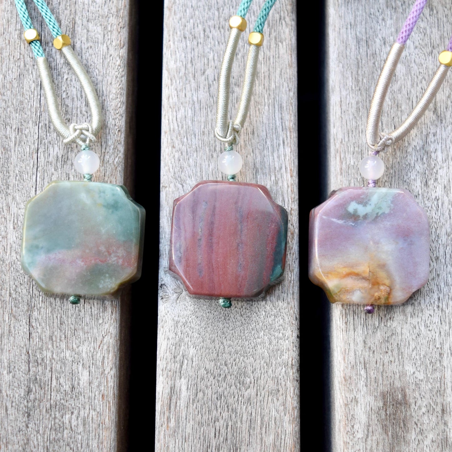 Rabbit Moon Pendant Rope Necklace - Ocean Jasper