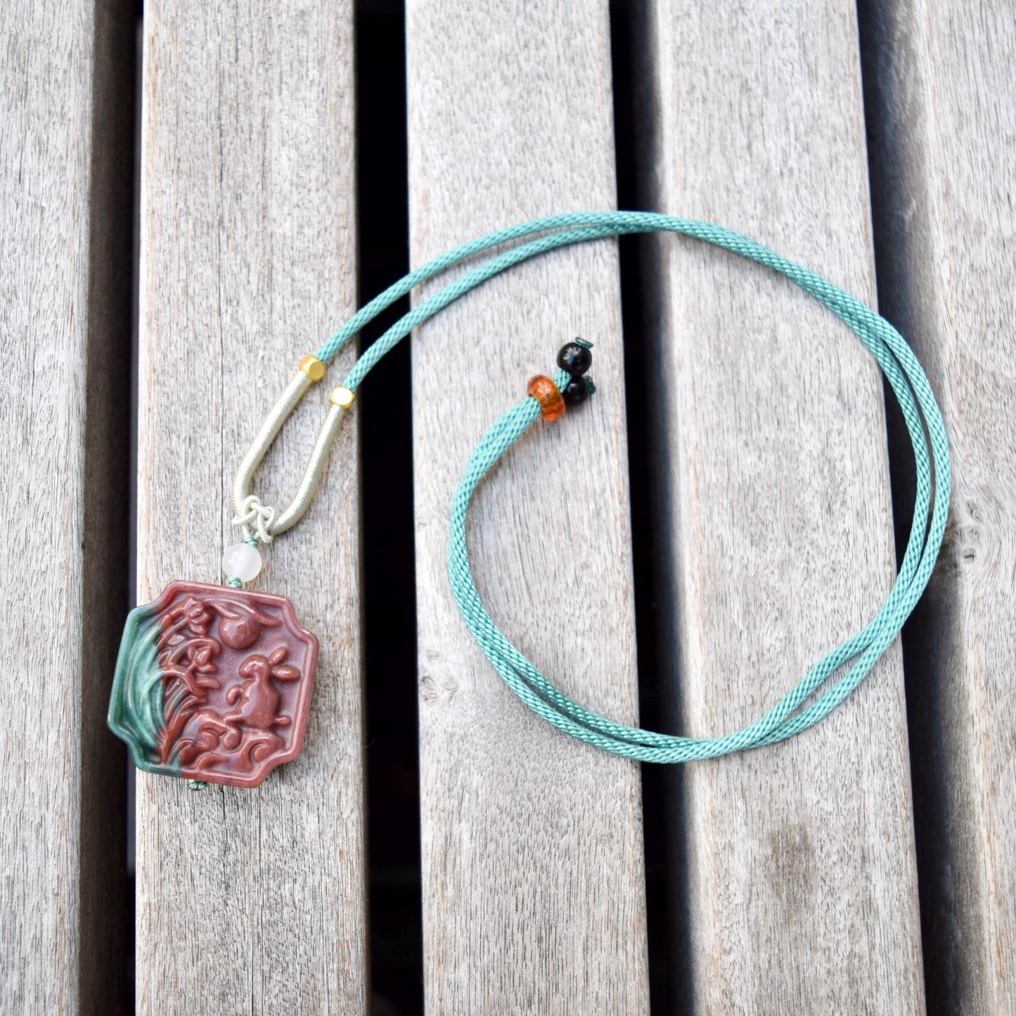 Rabbit Moon Pendant Rope Necklace - Ocean Jasper