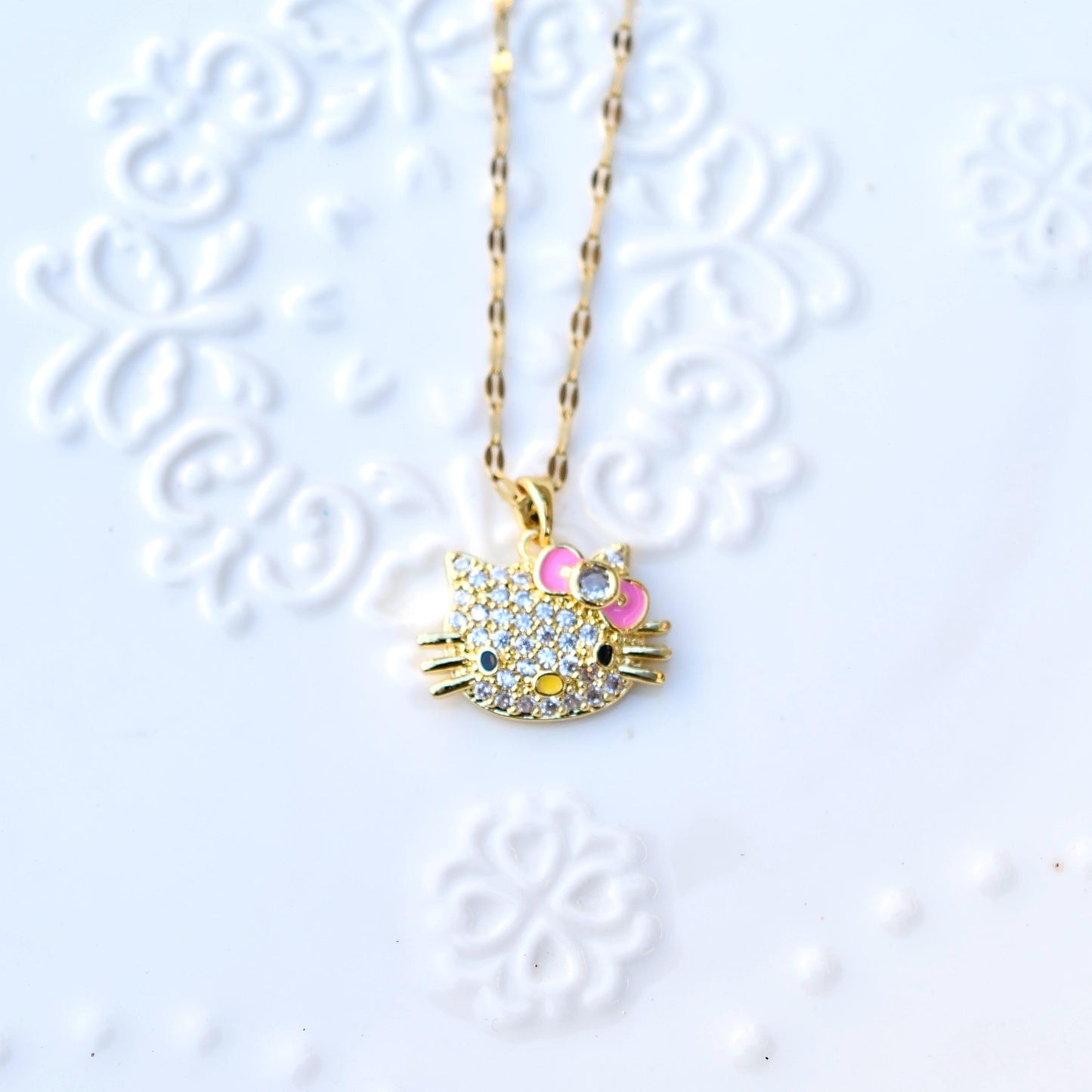 Crystal Kitty Cat Charm Golden Necklace - Sweet Style