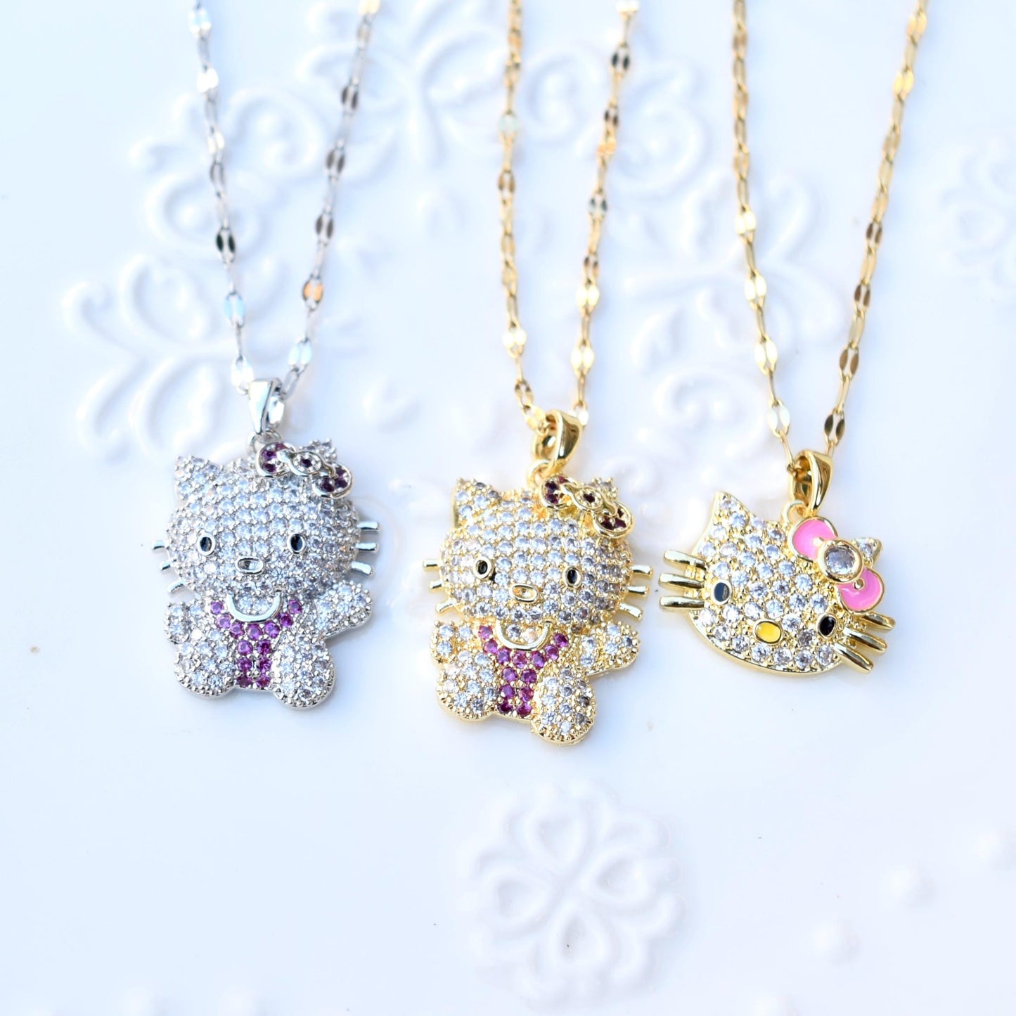 Crystal Kitty Cat Charm Golden Necklace - Sweet Style