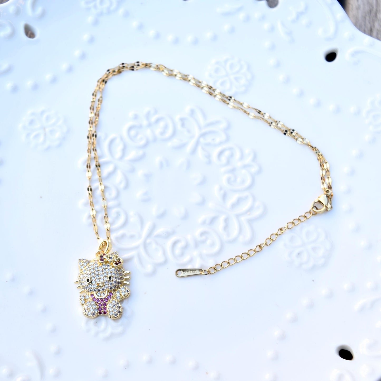 Crystal Kitty Cat Charm Golden Necklace - Sweet Style