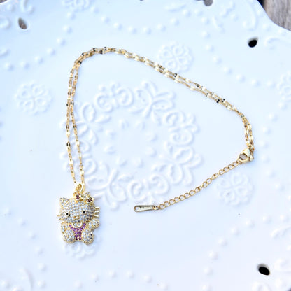 Crystal Kitty Cat Charm Golden Necklace - Sweet Style