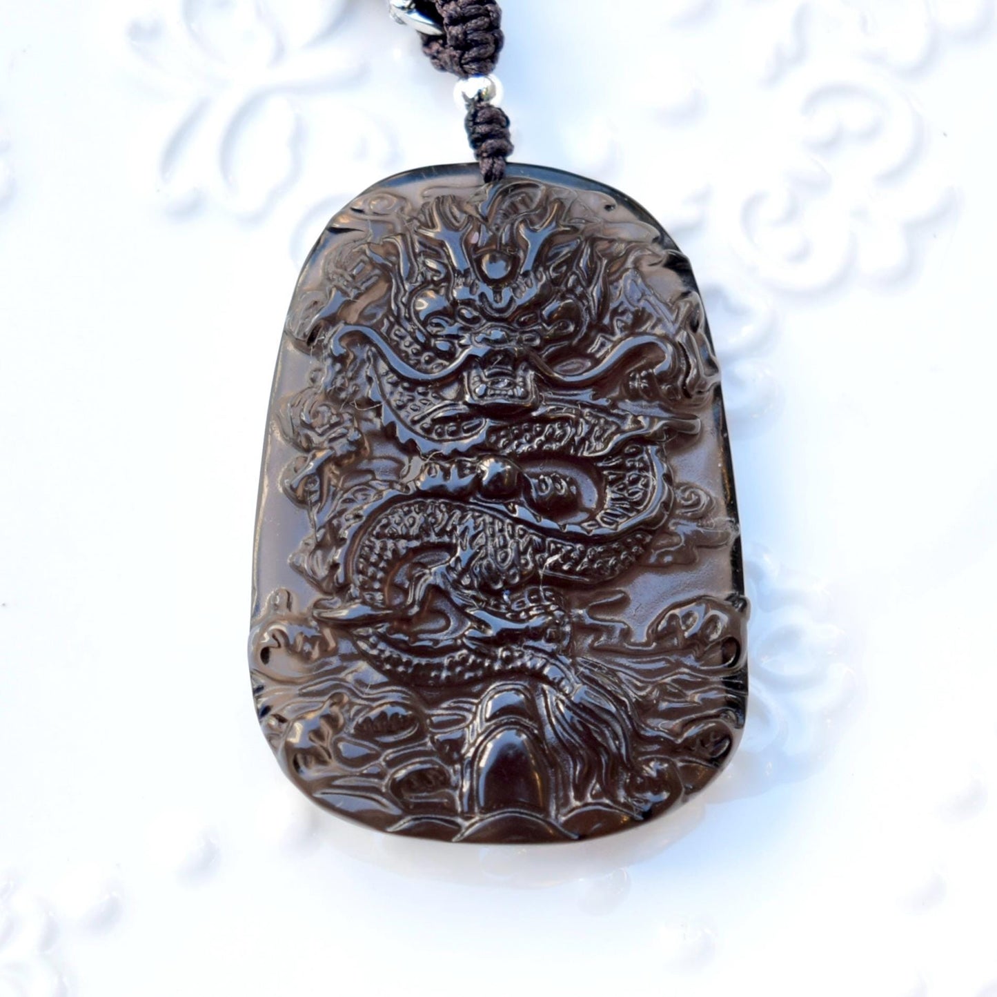 Icy Black Obsidian Dragon Pendant Necklace