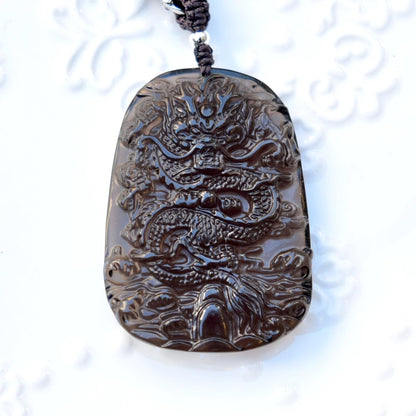 Icy Black Obsidian Dragon Pendant Necklace