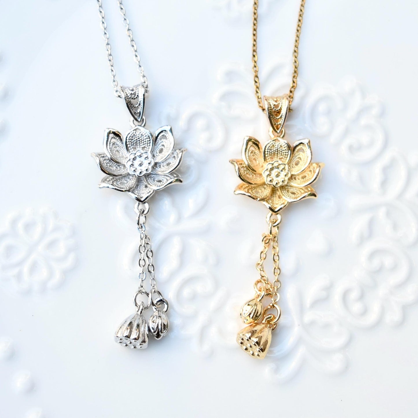 Golden Silver Lotus Charm Necklace - Stainless Steel