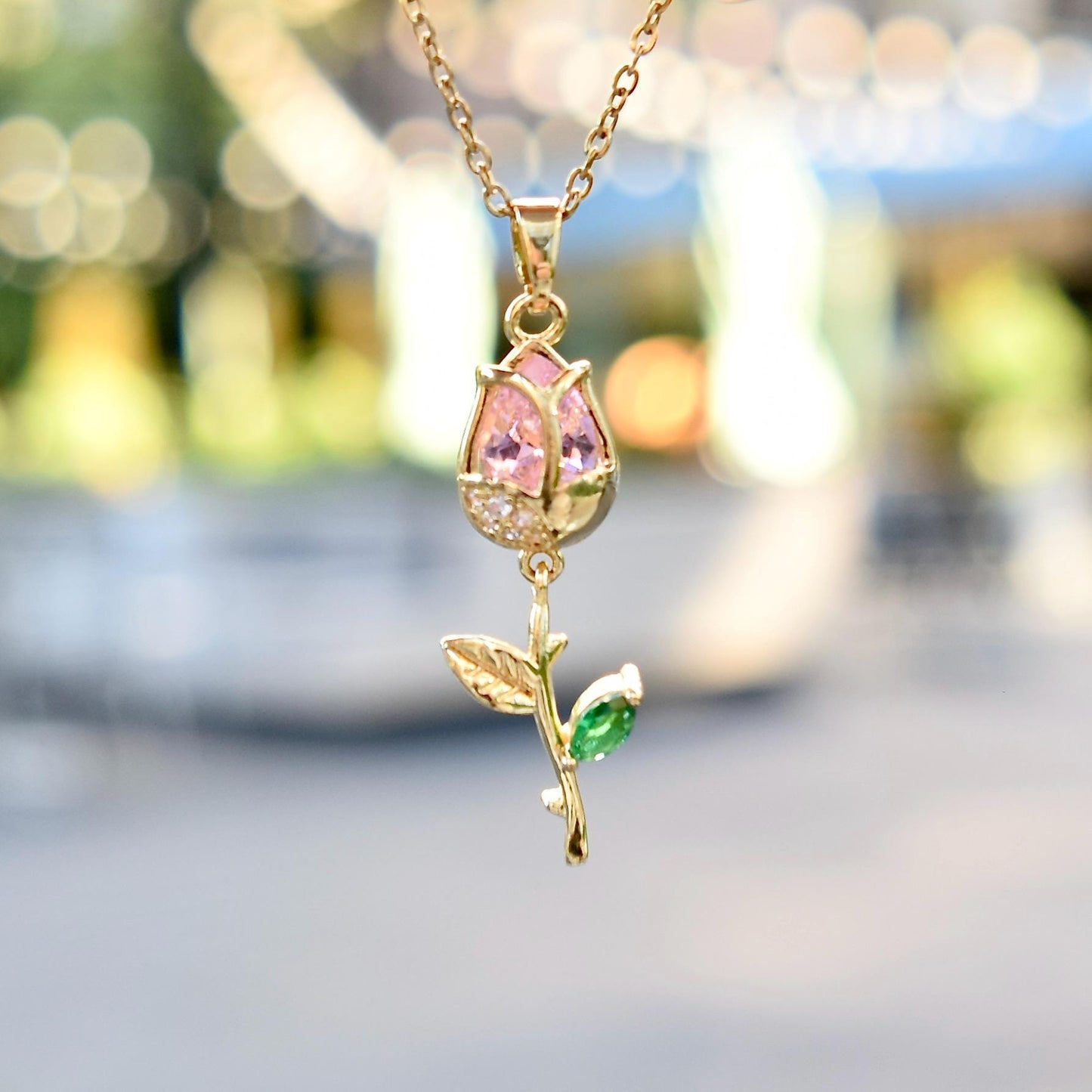 Pink Crystal Tulip Flower Charm Silver Necklace - Stainless Steel