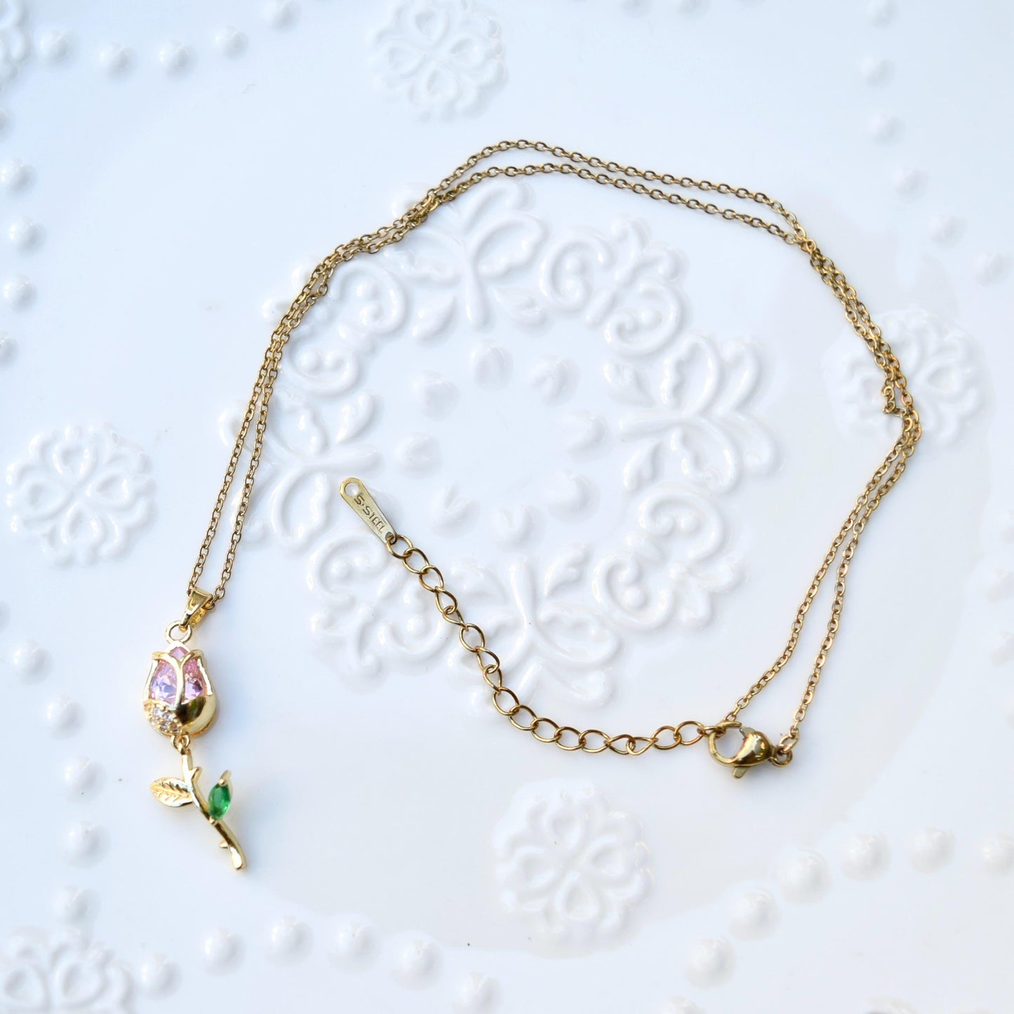 Pink Crystal Tulip Flower Charm Silver Necklace - Stainless Steel