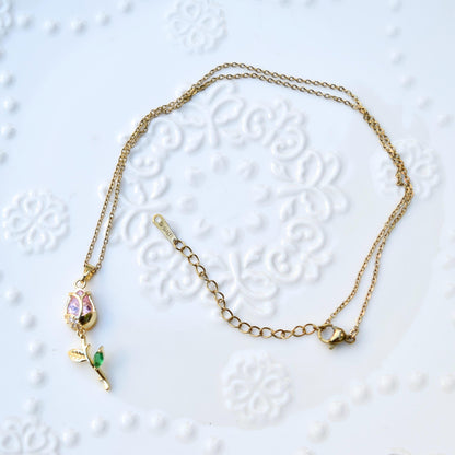 Pink Crystal Tulip Flower Charm Silver Necklace - Stainless Steel