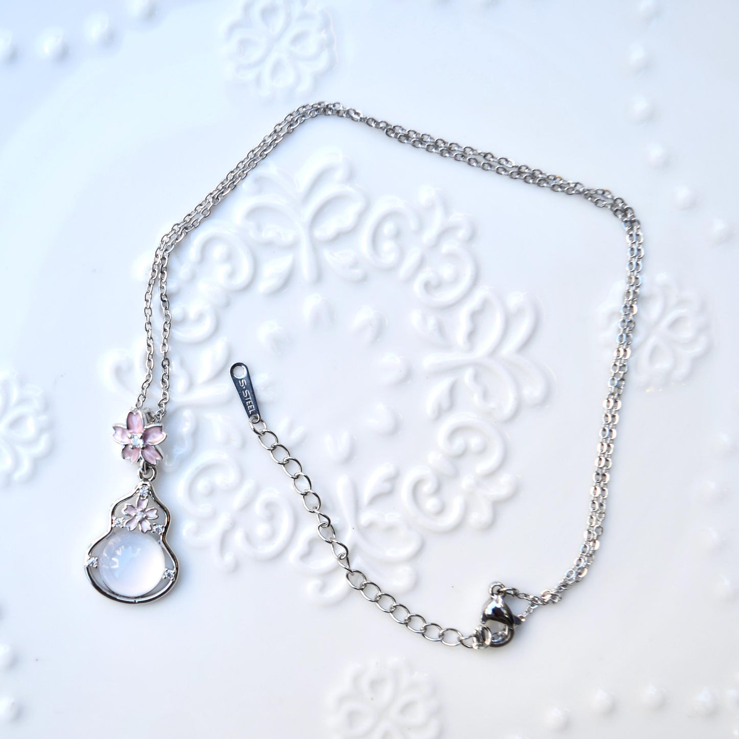 Sakura Gourd Charm Necklace - Pink Dripping Oil Stainless Steel