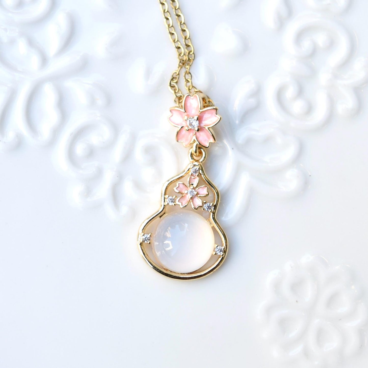 Sakura Gourd Charm Necklace - Pink Dripping Oil Stainless Steel