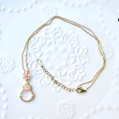 Sakura Gourd Charm Necklace - Pink Dripping Oil Stainless Steel