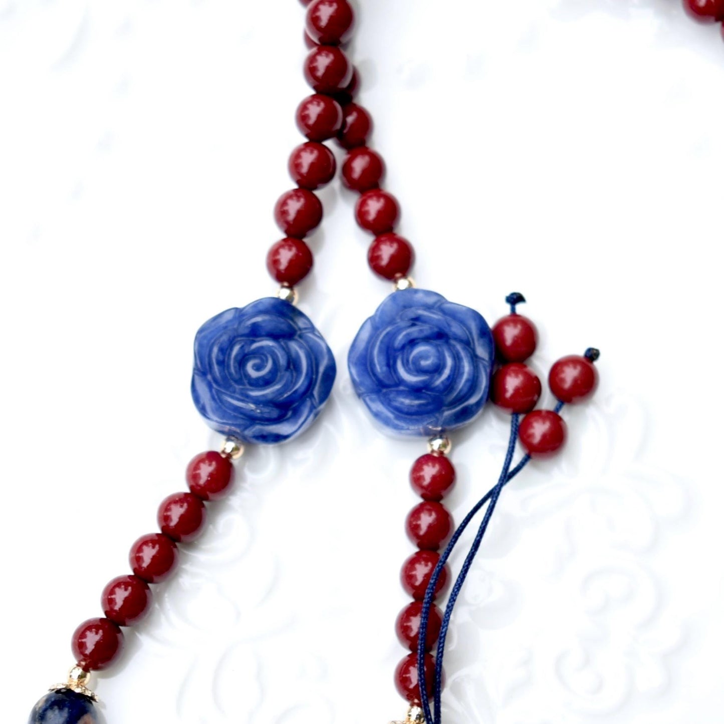 Blue Dragon Phoenix Necklace - Sodalite - Cinnabar Beaded Chain