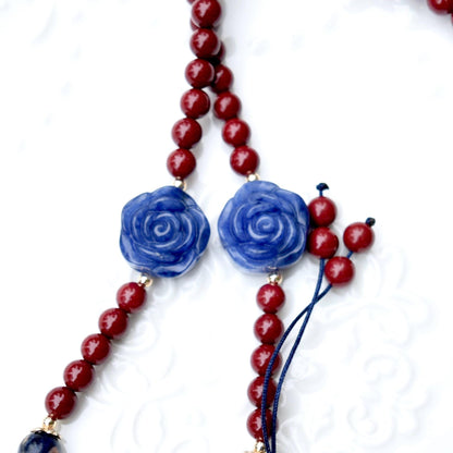 Blue Dragon Phoenix Necklace - Sodalite - Cinnabar Beaded Chain