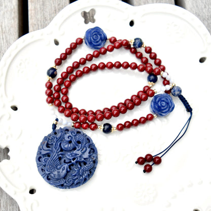 Blue Dragon Phoenix Necklace - Sodalite - Cinnabar Beaded Chain