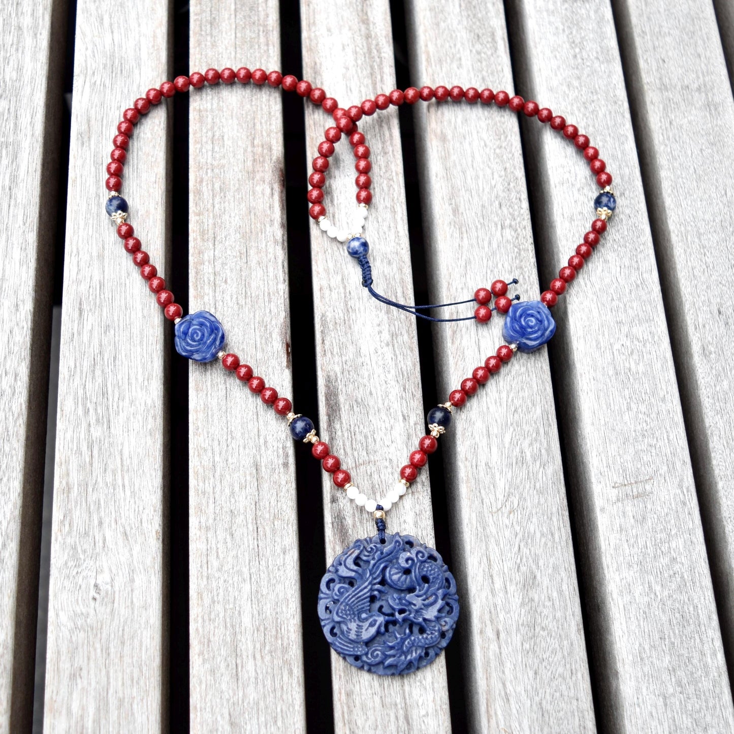 Blue Dragon Phoenix Necklace - Sodalite - Cinnabar Beaded Chain