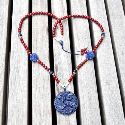 Blue Dragon Phoenix Necklace - Sodalite - Cinnabar Beaded Chain