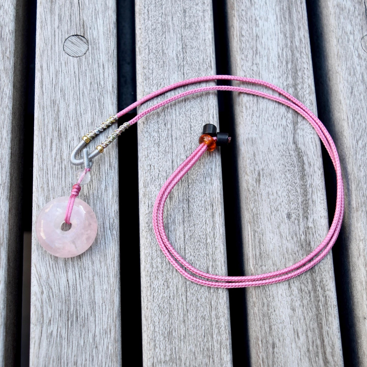 Pink Peace Buckle Rope Necklace - Rose Quartz Crystal Pendant