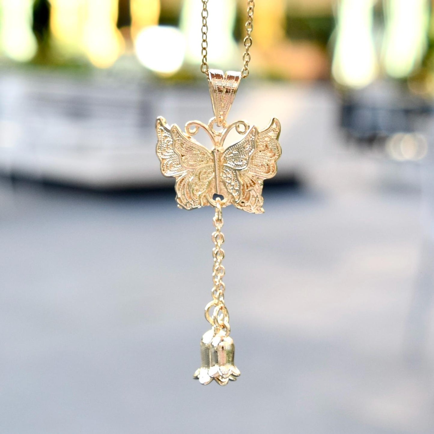 Butterfly Lily Charm Necklace - Stainless Steel Necklace