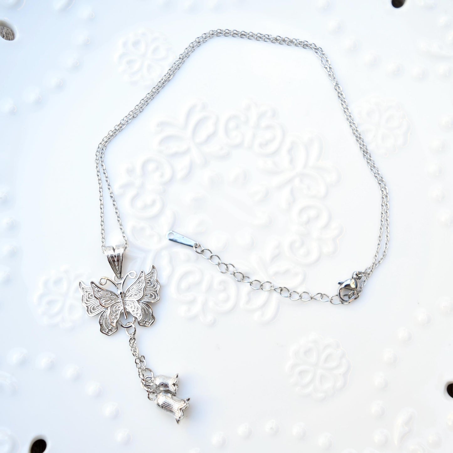 Butterfly Lily Charm Necklace - Stainless Steel Necklace