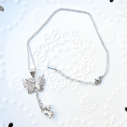 Butterfly Lily Charm Necklace - Stainless Steel Necklace