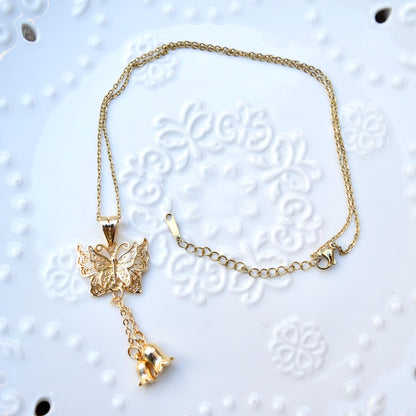 Butterfly Lily Charm Necklace - Stainless Steel Necklace